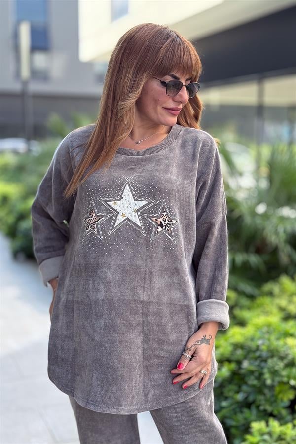 3 Yıldızlı Yuvarlak Yaka Kadife Sweet Gri Renk