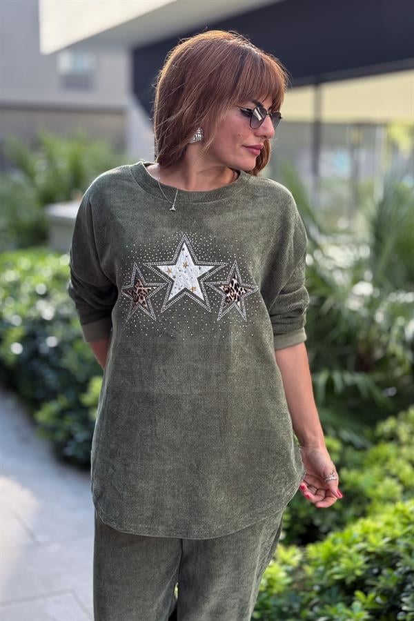 3 Yıldızlı Yuvarlak Yaka Kadife Sweet Haki Renk