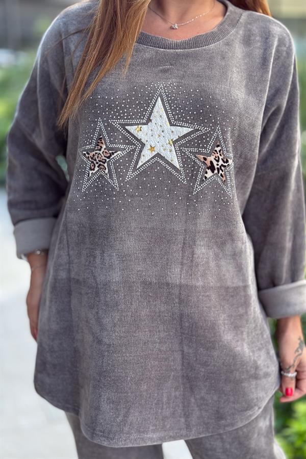 3 Yıldızlı Yuvarlak Yaka Kadife Sweet Gri Renk