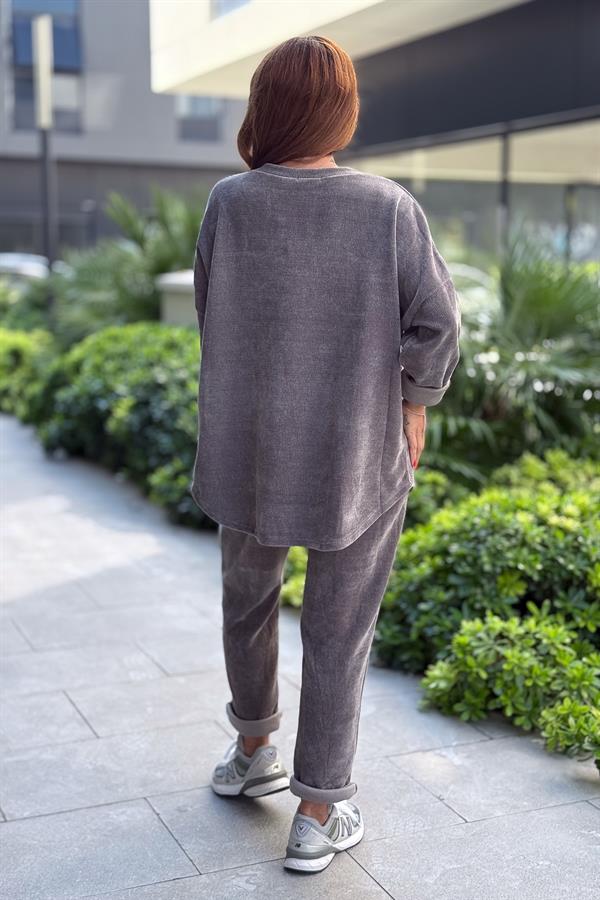 3 Yıldızlı Yuvarlak Yaka Kadife Sweet Gri Renk