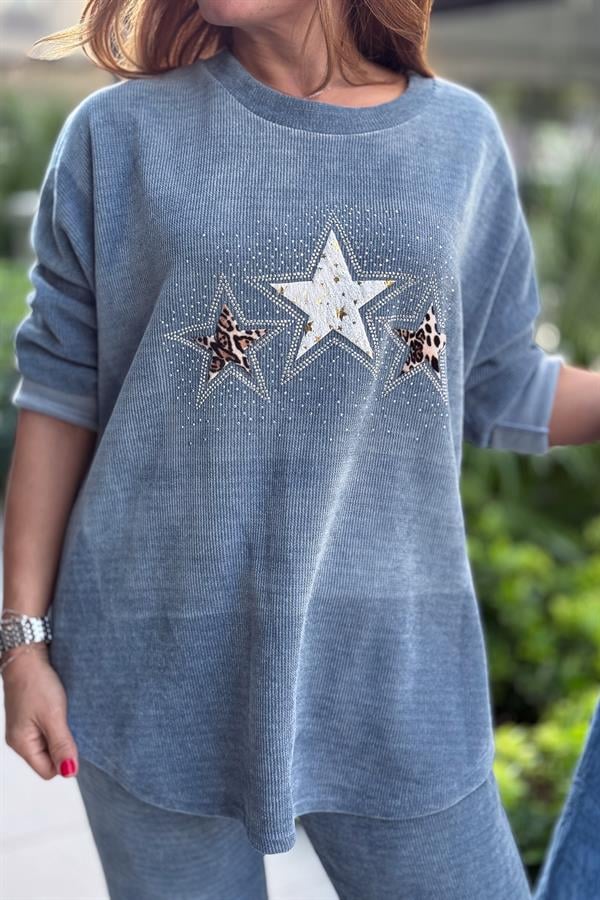 3 Yıldızlı Yuvarlak Yaka Kadife Sweet Mavi Renk