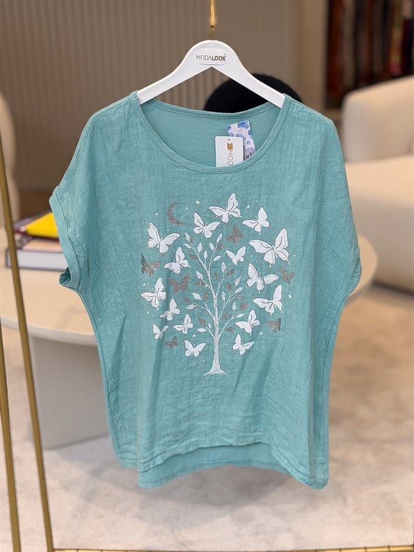 Ağaç Ve Kelebek Desenli Önü Keten Arkası Pamuklu Bluz Mint RenkBLUZ