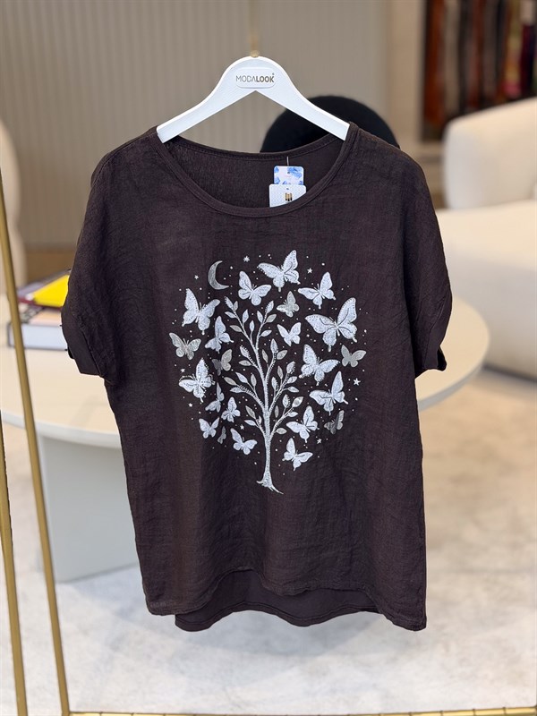 Ağaç Ve Kelebek Desenli Önü Keten Arkası Pamuklu Bluz Acı Kahve Renk