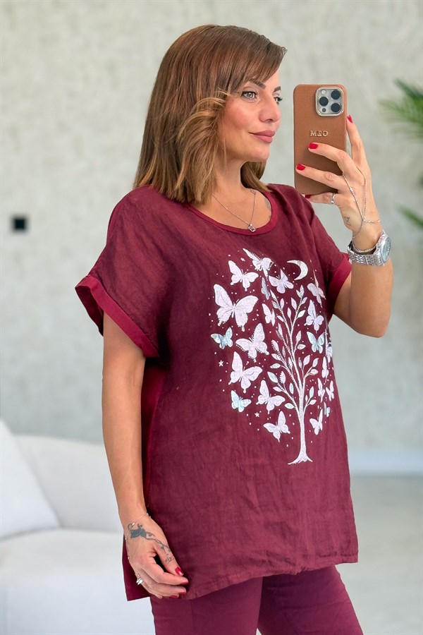 Ağaç Ve Kelebek Desenli Önü Keten Arkası Pamuklu Bluz Bordo Renk