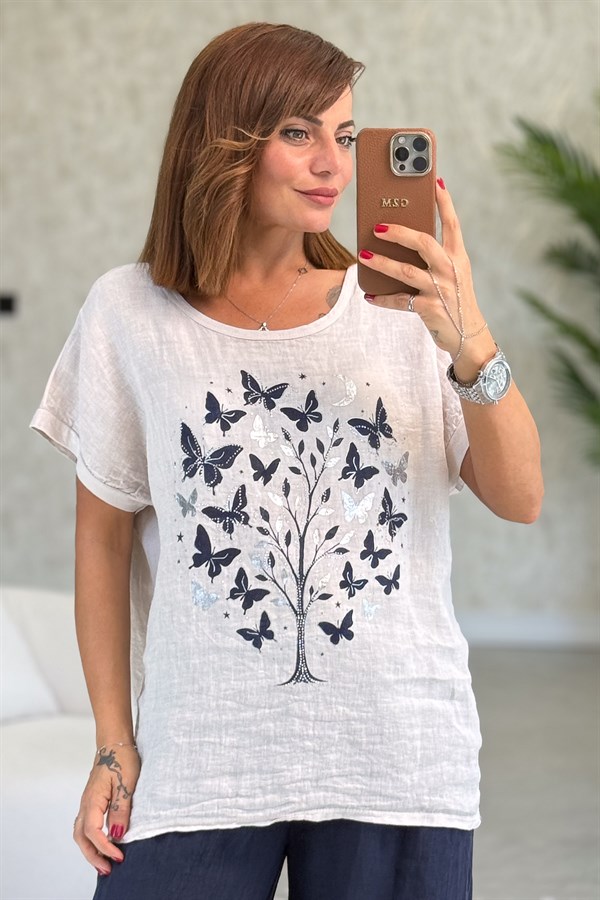 Ağaç Ve Kelebek Desenli Önü Keten Arkası Pamuklu Bluz Bej Renk