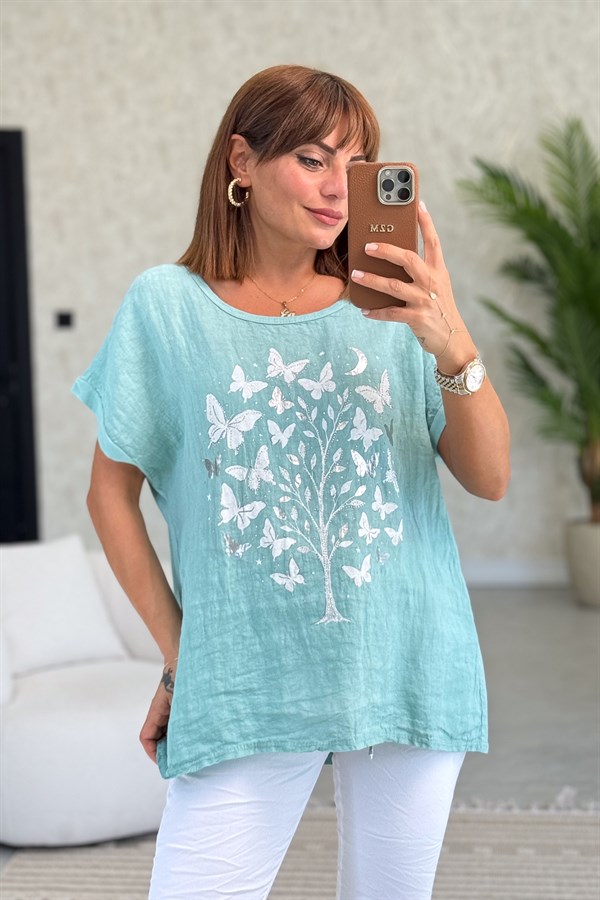 Ağaç Ve Kelebek Desenli Önü Keten Arkası Pamuklu Bluz Mint Renk