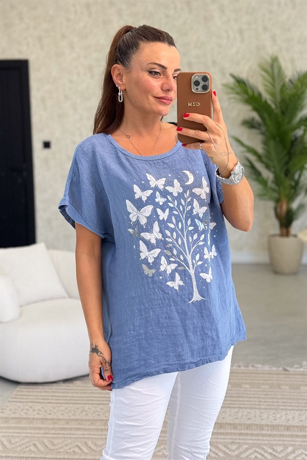 Ağaç Ve Kelebek Desenli Önü Keten Arkası Pamuklu Bluz İndigo Renk