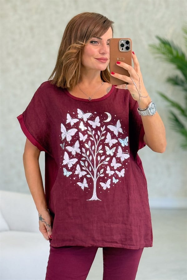 Ağaç Ve Kelebek Desenli Önü Keten Arkası Pamuklu Bluz Bordo Renk