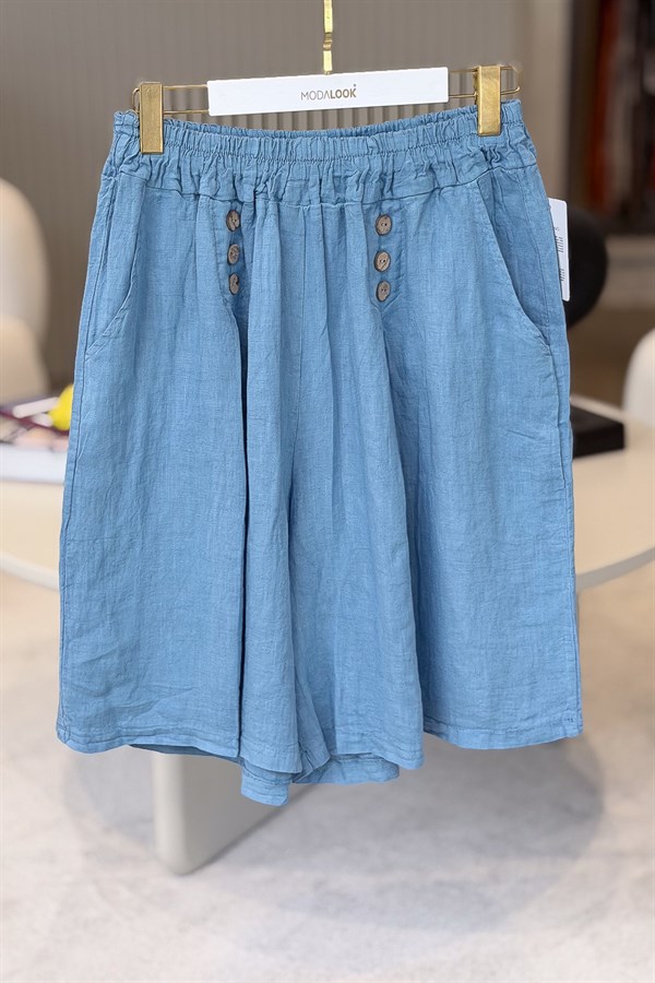 Ahşap Düğme Detaylı Bol Paça Keten Şort Mavi Renk