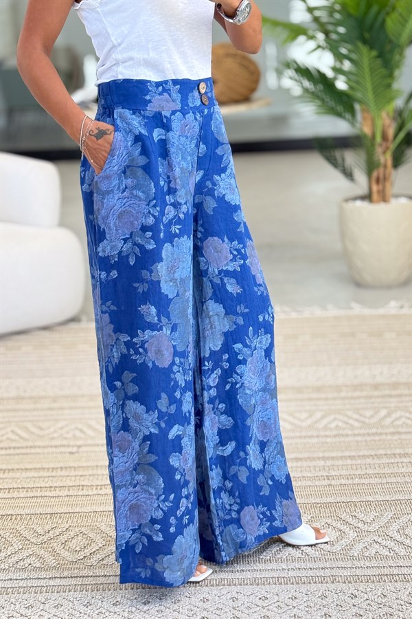 Ahşap Düğmeli Çiçek Desen Beli Lastikli Keten Pantolon Saks Renk