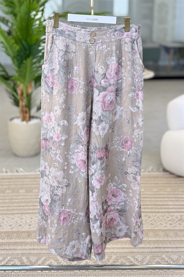 Ahşap Düğmeli Çiçek Desen Beli Lastikli Keten Pantolon Vizon Renk