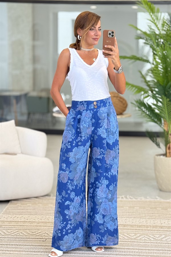 Ahşap Düğmeli Çiçek Desen Beli Lastikli Keten Pantolon Saks Renk