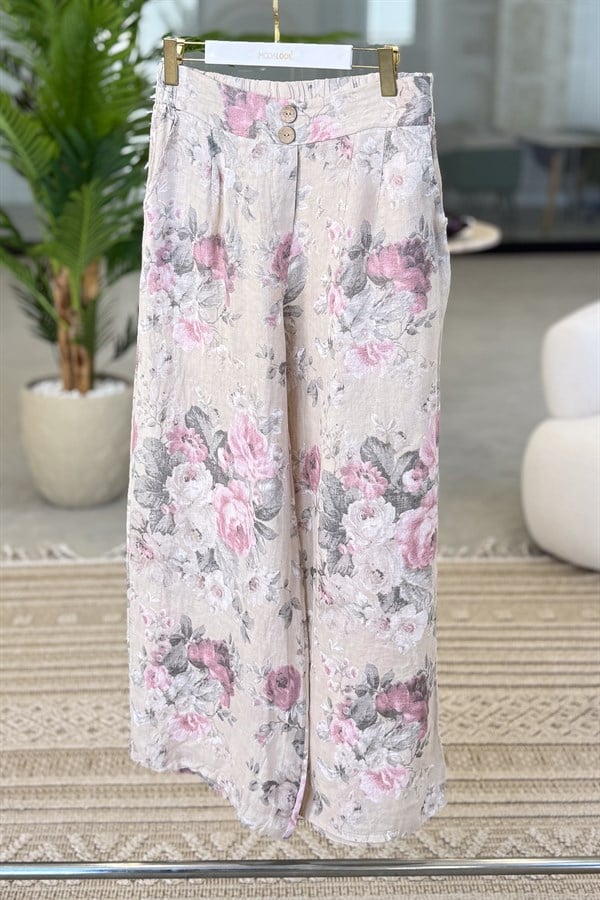 Ahşap Düğmeli Çiçek Desen Beli Lastikli Keten Pantolon Bej RenkPANTOLON