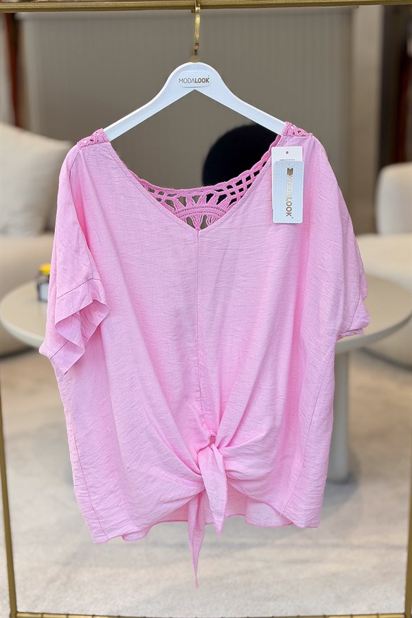Arkası Motifli  Etek Ucu Bağlamalı Viskon Bluz Pembe Renk