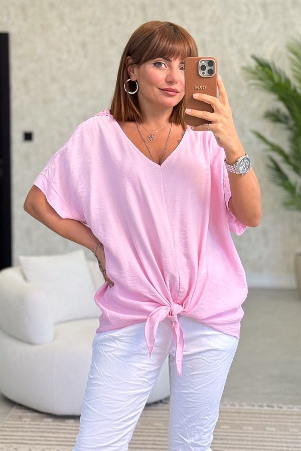 Arkası Motifli  Etek Ucu Bağlamalı Viskon Bluz Pembe Renk