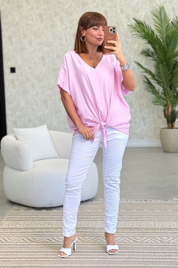 Arkası Motifli  Etek Ucu Bağlamalı Viskon Bluz Pembe Renk