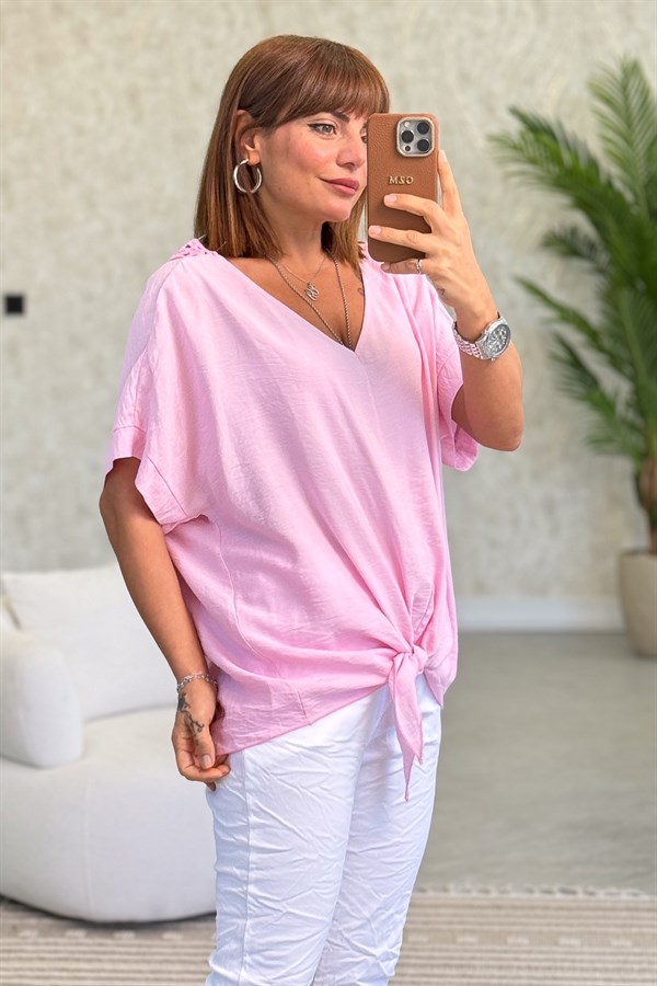 Arkası Motifli  Etek Ucu Bağlamalı Viskon Bluz Pembe Renk