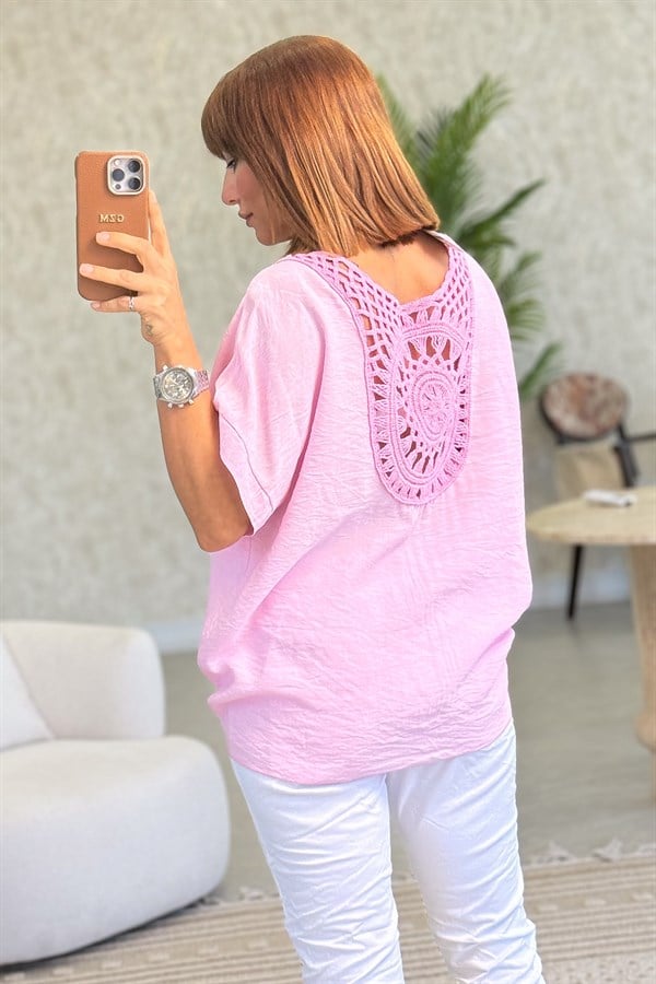 Arkası Motifli  Etek Ucu Bağlamalı Viskon Bluz Pembe Renk