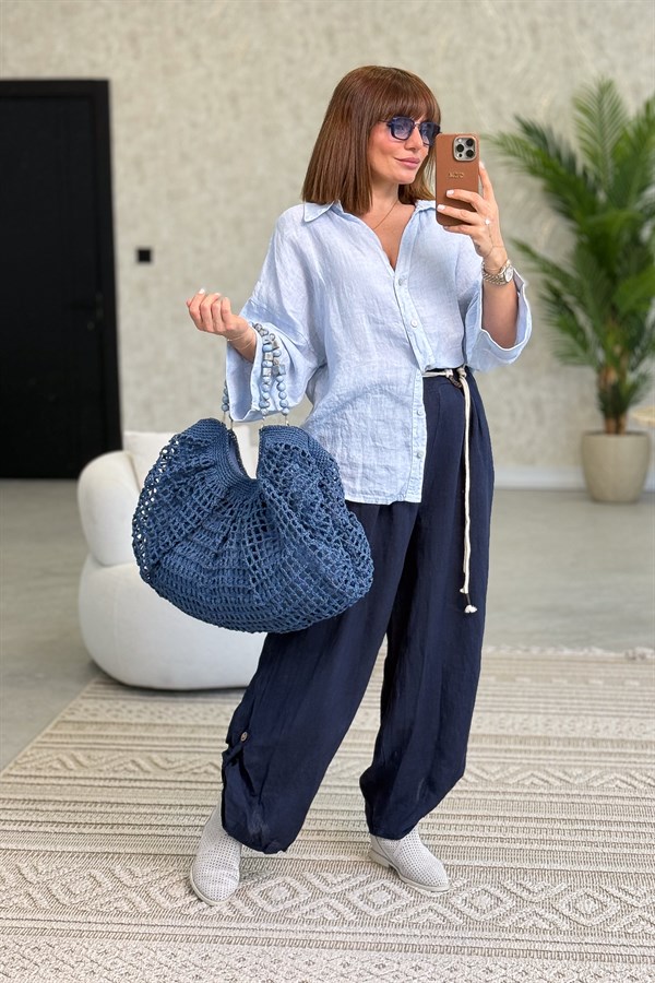 Arkası Pensli Keten Gömlek Bebe Mavi Renk