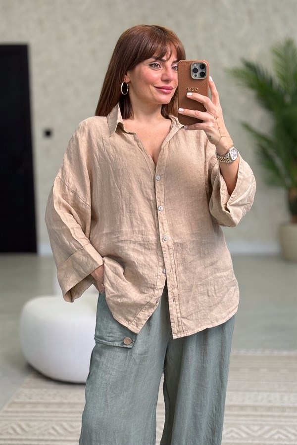 Arkası Pensli Keten Gömlek Camel Renk