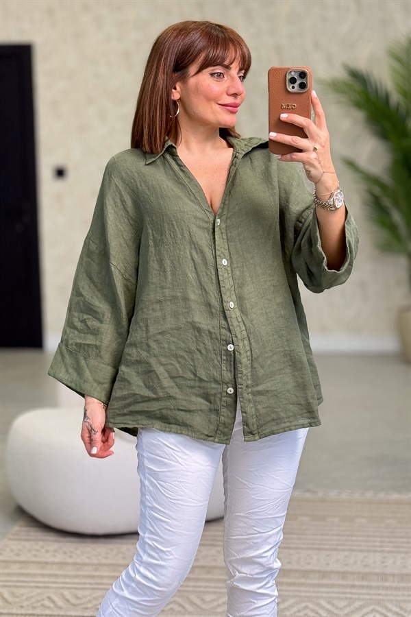Arkası Pensli Keten Gömlek Haki Renk