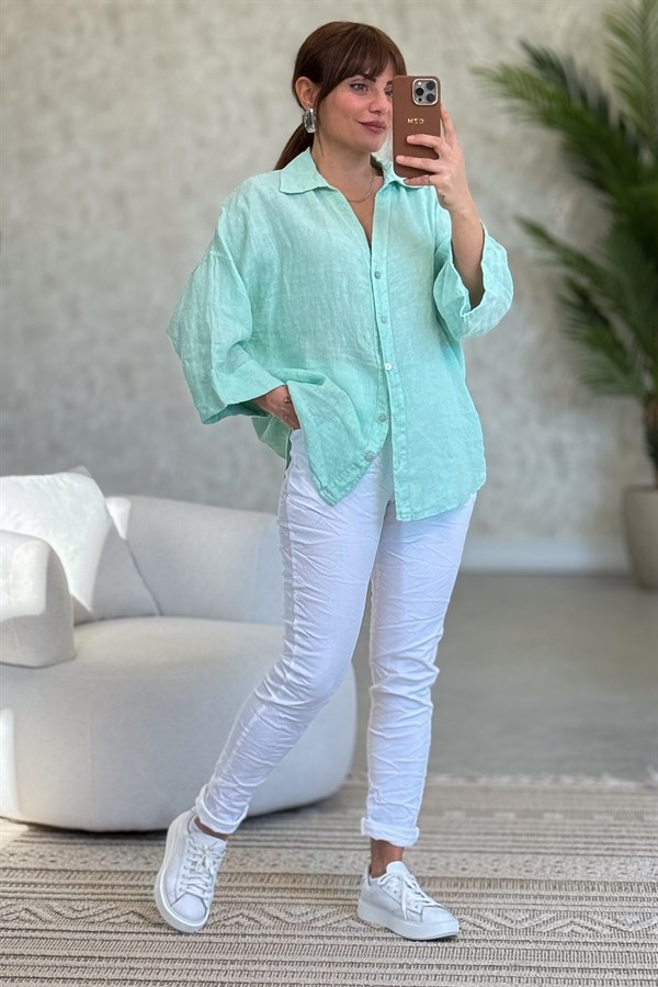 Arkası Pensli Keten Gömlek Mint Renk