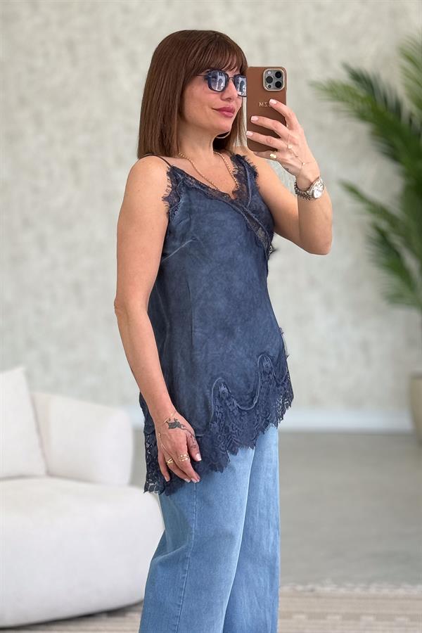 Asimetrik Kesim Dantelli Saten Badi İndigo Renk