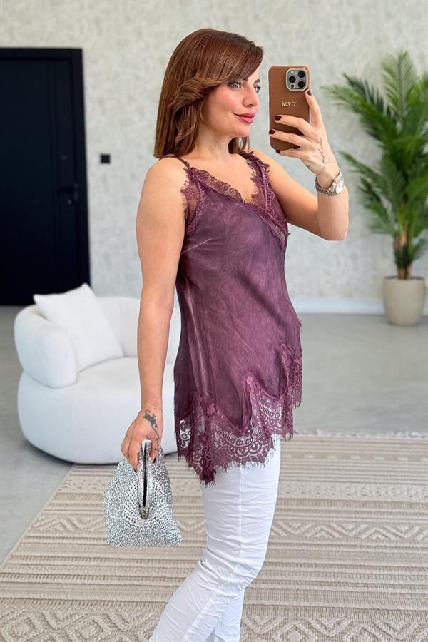 Asimetrik Kesim Dantelli Saten Badi Mürdüm Renk