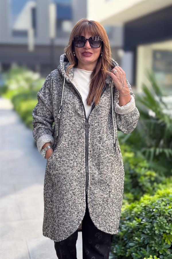 Asimetrik Kesim Fermuarlı Kapüşonlu Keçe Kaban Kırçıllı Renk