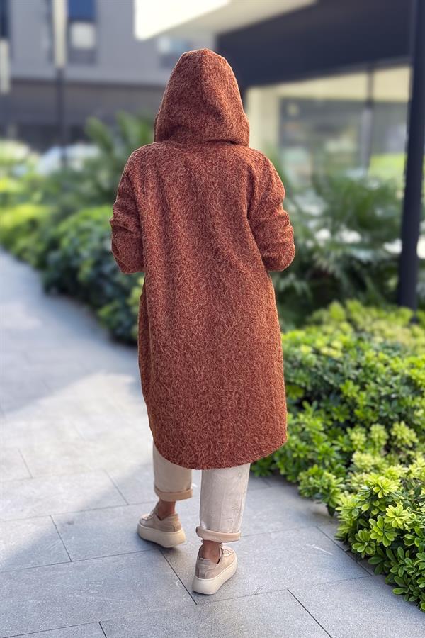 Asimetrik Kesim Fermuarlı Kapüşonlu Keçe Kaban Tarçın Renk
