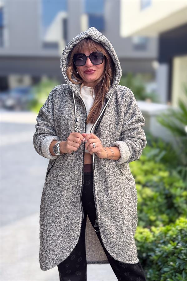 Asimetrik Kesim Fermuarlı Kapüşonlu Keçe Kaban Kırçıllı Renk