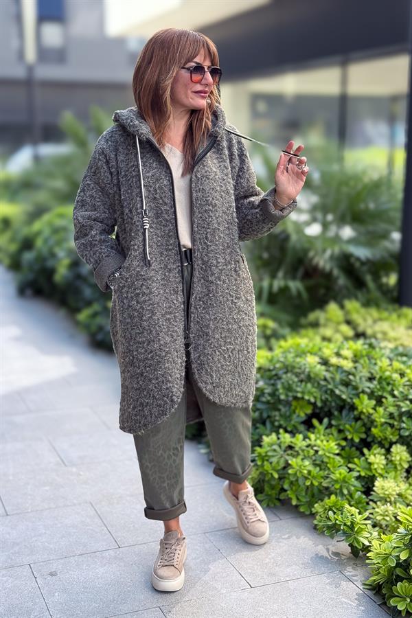 Asimetrik Kesim Fermuarlı Kapüşonlu Keçe Kaban Haki Renk