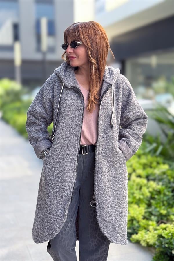 Asimetrik Kesim Fermuarlı Kapüşonlu Keçe Kaban Füme Renk