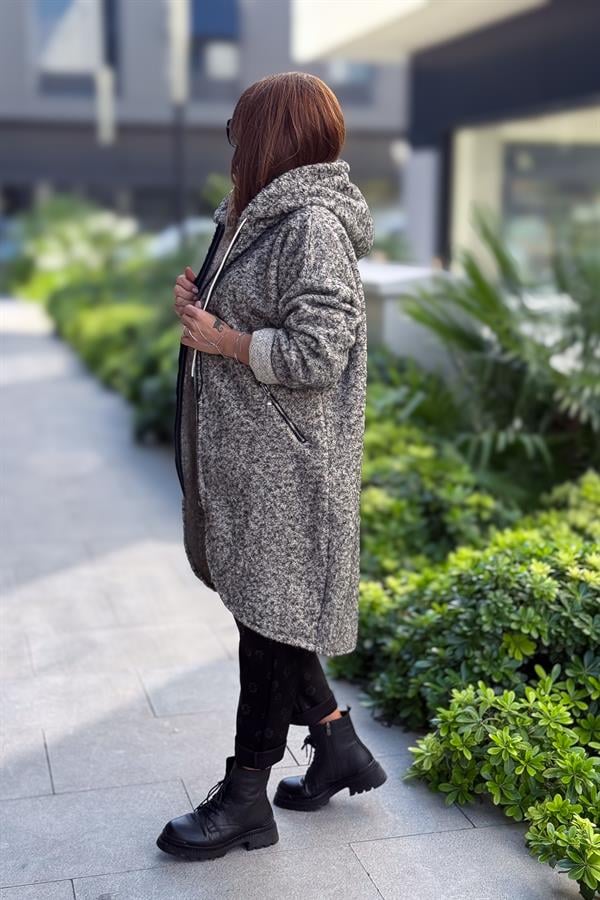Asimetrik Kesim Fermuarlı Kapüşonlu Keçe Kaban Kırçıllı Renk