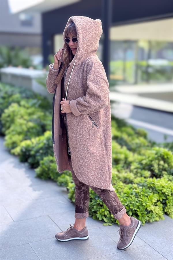 Asimetrik Kesim Fermuarlı Kapüşonlu Keçe Kaban Camel Renk
