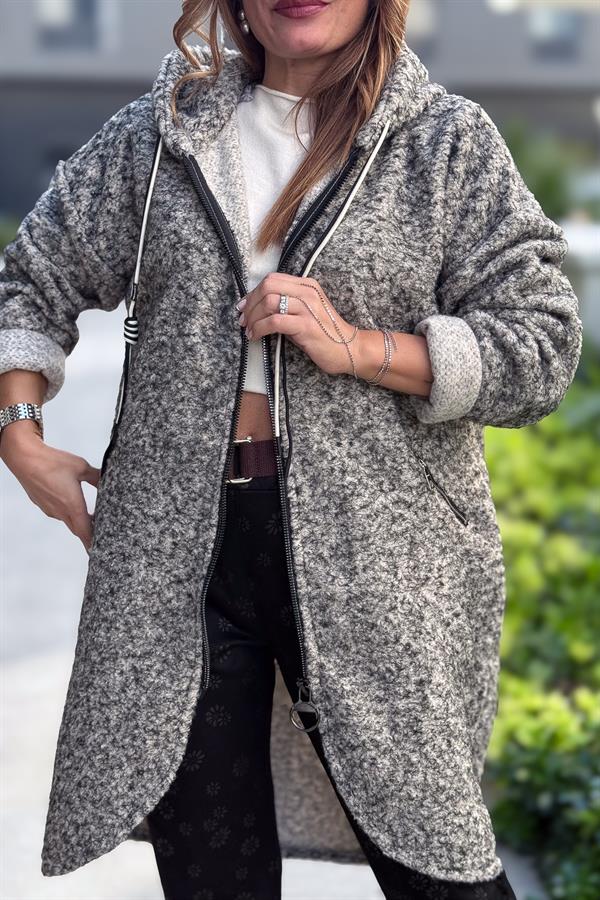 Asimetrik Kesim Fermuarlı Kapüşonlu Keçe Kaban Kırçıllı Renk