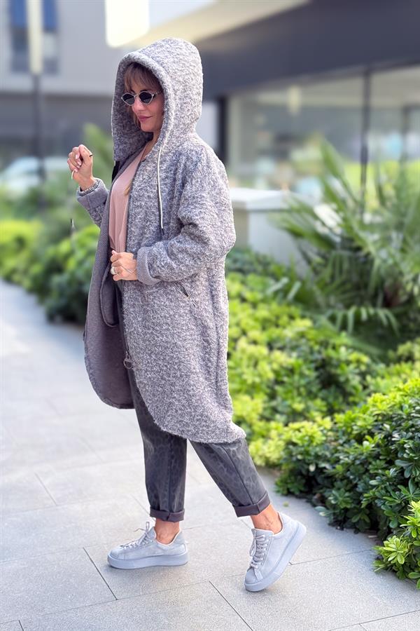 Asimetrik Kesim Fermuarlı Kapüşonlu Keçe Kaban Füme Renk
