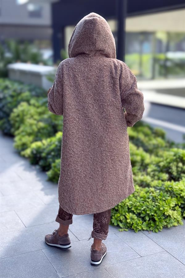 Asimetrik Kesim Fermuarlı Kapüşonlu Keçe Kaban Camel Renk