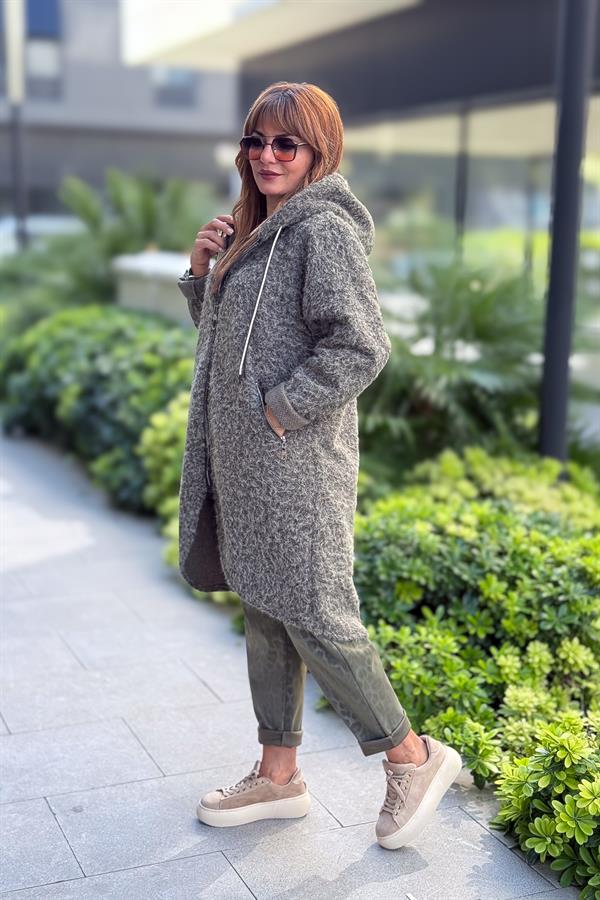 Asimetrik Kesim Fermuarlı Kapüşonlu Keçe Kaban Haki Renk