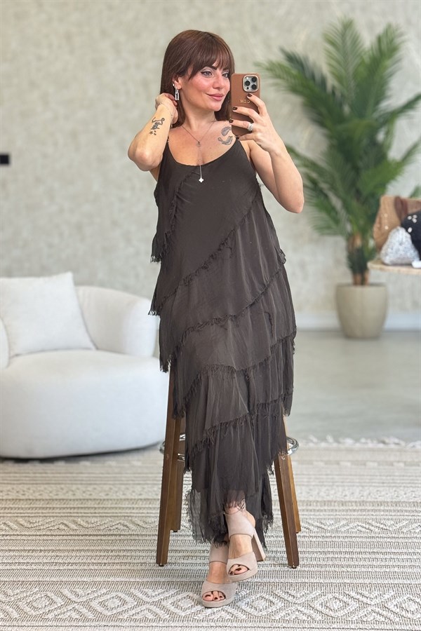 Asimetrik Kesim Kat Kat İpek Elbise Acı Kahve Renk