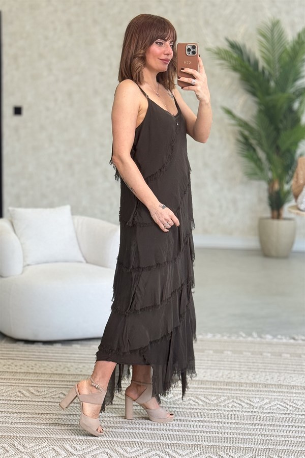 Asimetrik Kesim Kat Kat İpek Elbise Acı Kahve Renk