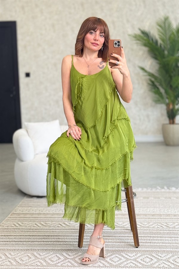 Asimetrik Kesim Kat Kat İpek Elbise Fıstık Yeşil Renk