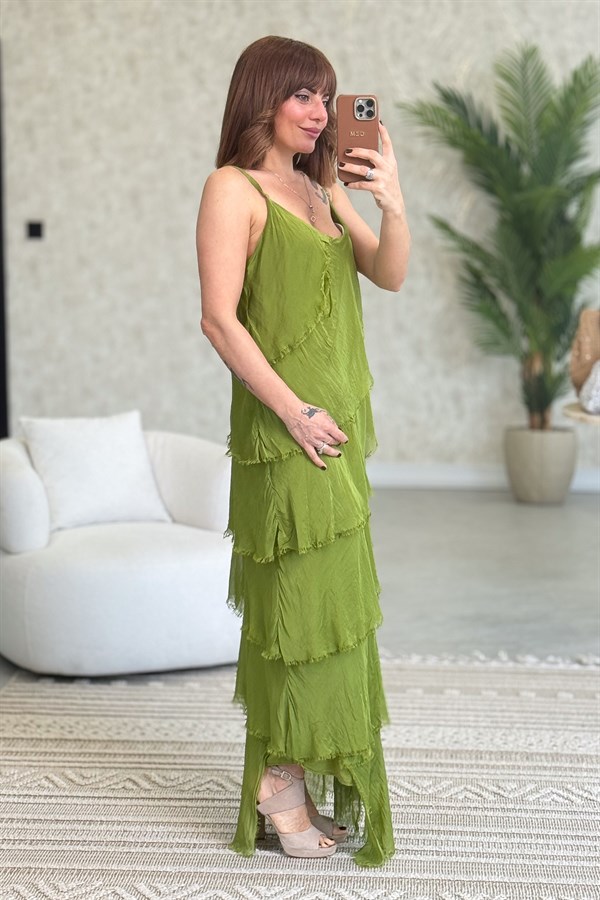 Asimetrik Kesim Kat Kat İpek Elbise Fıstık Yeşil Renk