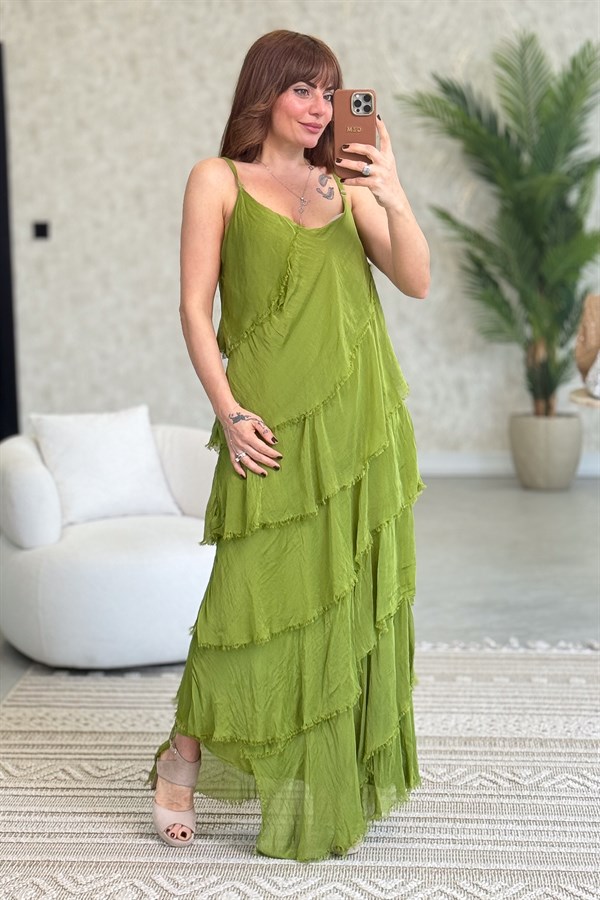 Asimetrik Kesim Kat Kat İpek Elbise Fıstık Yeşil Renk