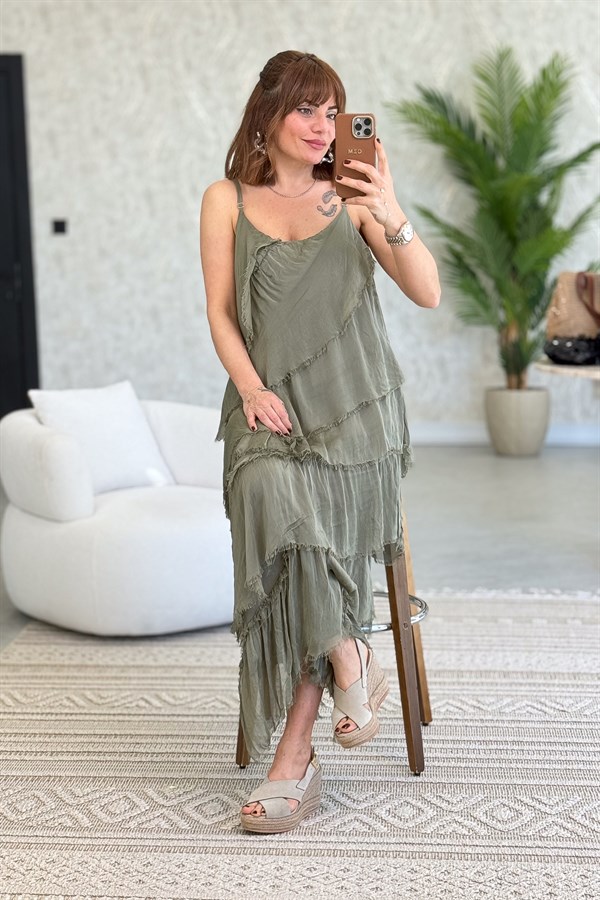 Asimetrik Kesim Kat Kat İpek Elbise Haki Renk