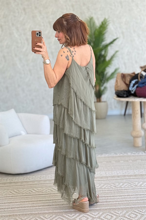 Asimetrik Kesim Kat Kat İpek Elbise Haki Renk