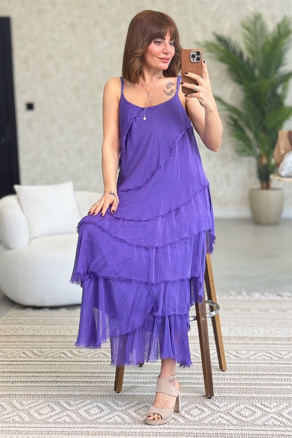 Asimetrik Kesim Kat Kat İpek Elbise Mor Renk