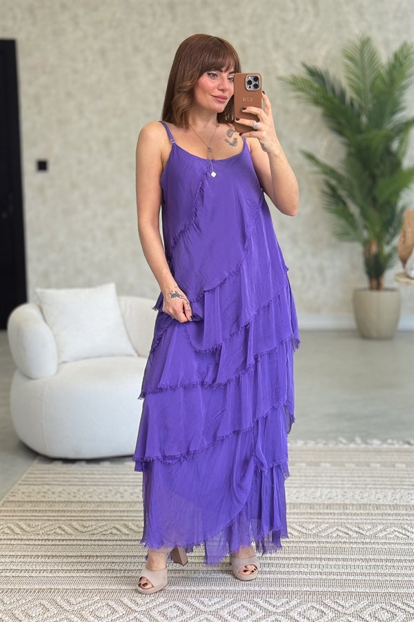 Asimetrik Kesim Kat Kat İpek Elbise Mor Renk