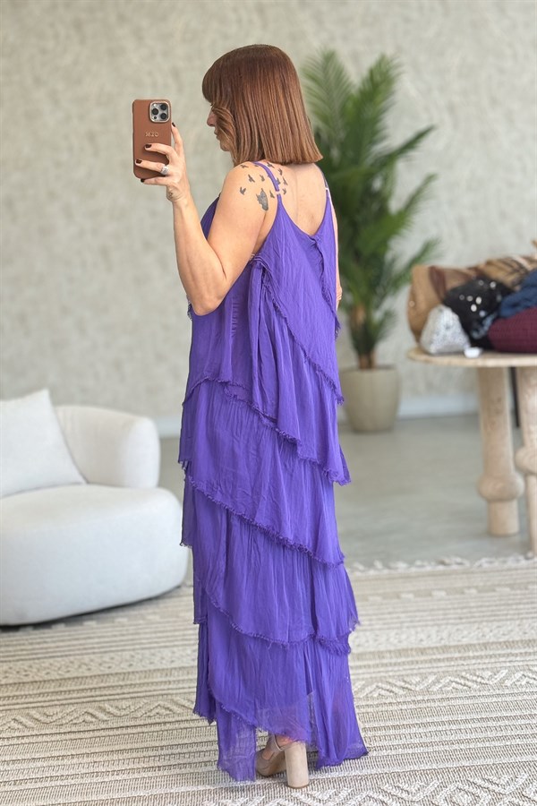 Asimetrik Kesim Kat Kat İpek Elbise Mor Renk