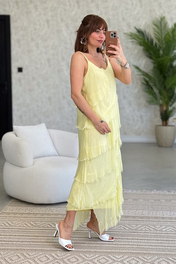 Asimetrik Kesim Kat Kat İpek Elbise Sarı Renk